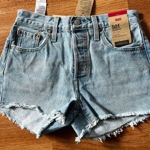 Levi's Light Blue High-Rise Frayed Denim Shorts